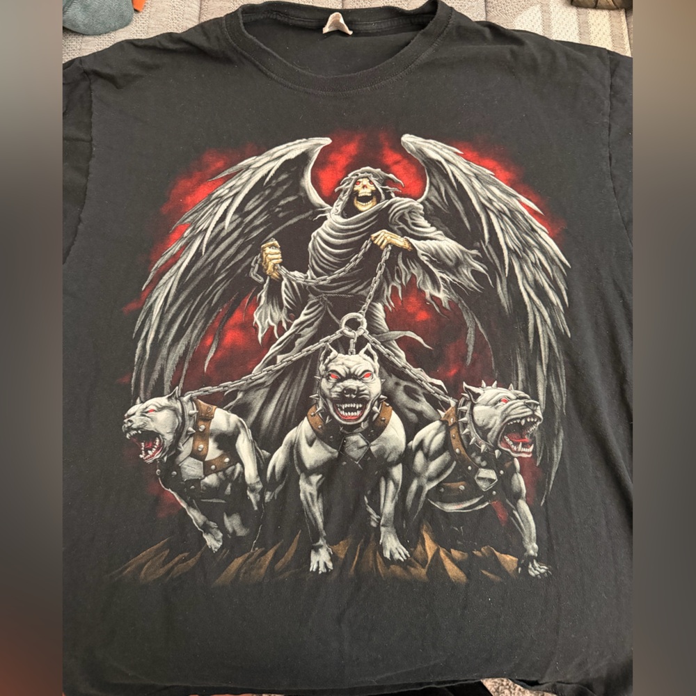 Grim Reaper With Chained Dogs Graphic Tee Gothic Biker Shirt Large